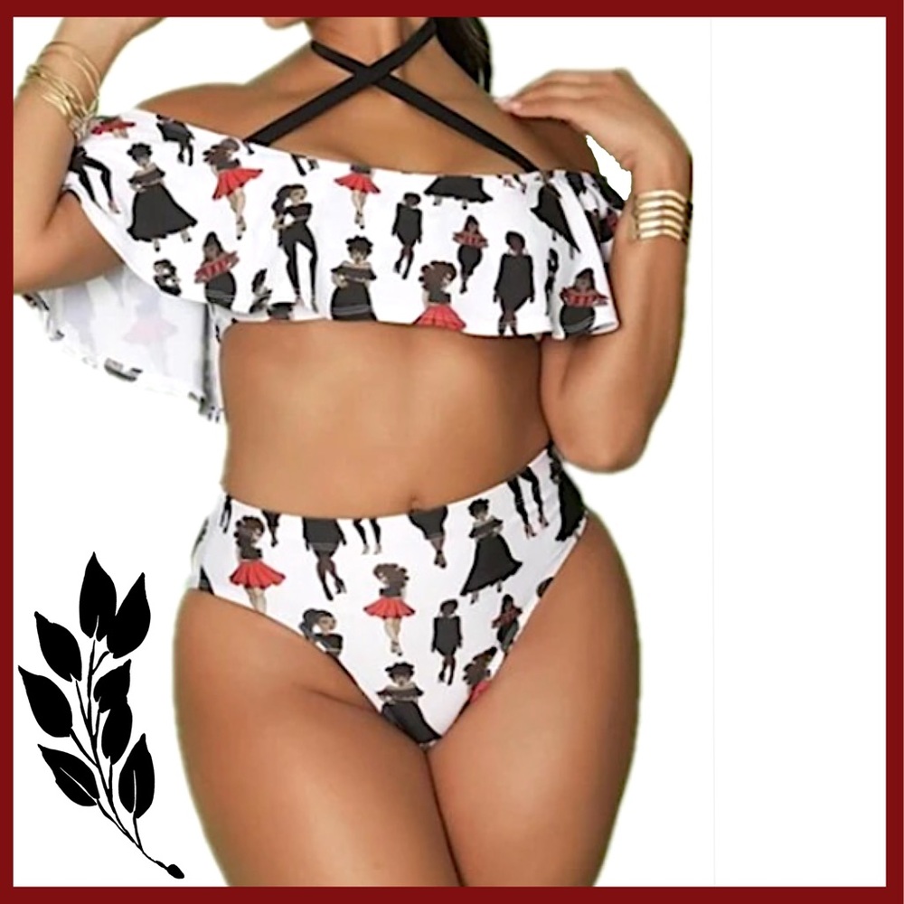 Cold Shoulder Ruffled High Waist Bandeau Bikini - Picture 2 of 7